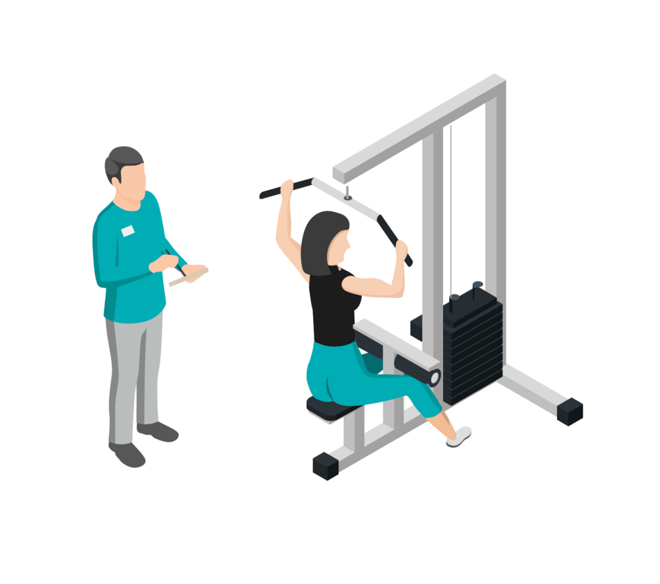 Grafik Sporttherapeut beim Training mit Patienten am Seilzuggerät
